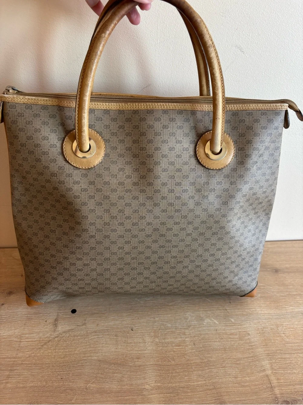 Authentic Gucci monogram canvas leather tote